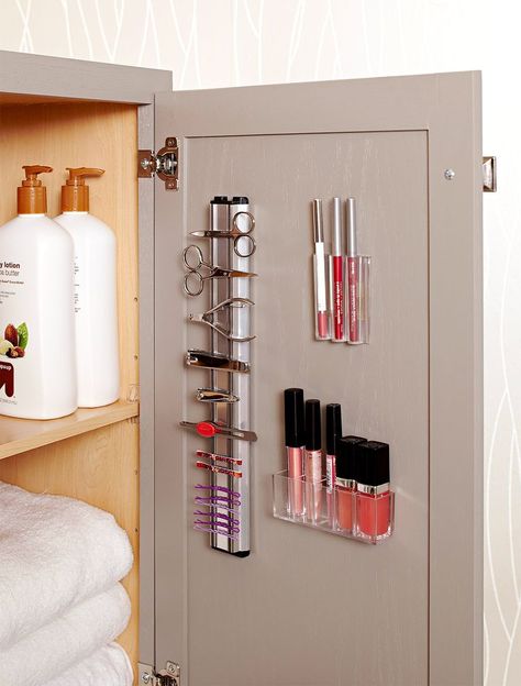 Narrow Cabinets For Small Spaces, Bathroom Cabinet Door Organization, Inside Cabinet Door Storage, Bathroom Cabinet Door Storage, Skincare Cabinet Organization, Cabinet Door Storage Ideas, Wall Storage Bathroom, Sneaky Storage, Emerald House