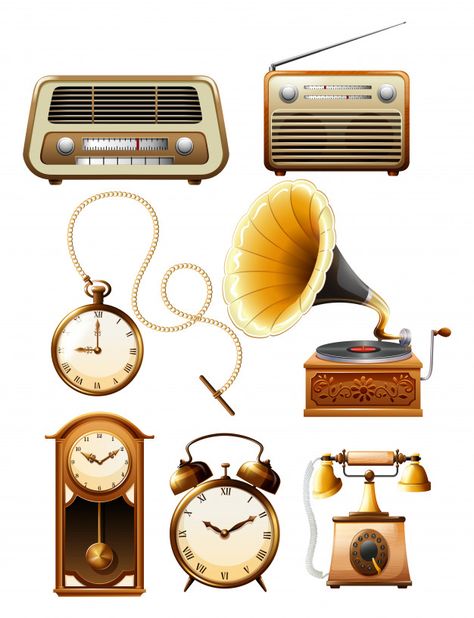 Vintage objects | Premium Vector #Freepik #vector #vintage #music #technology #phone Aesthetic Clipart, Retro Vintage Aesthetic, Botanical Interior, Book Clip Art, Christmas Tree Clipart, Clip Art Vintage, Vintage Objects, Prop Design, Clipart Design