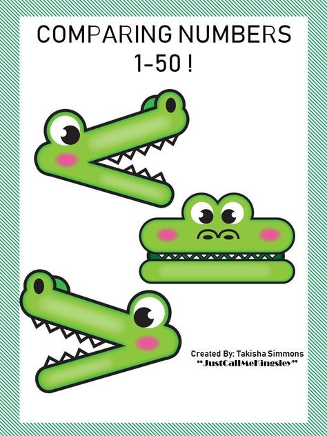 "Our comparing numbers activity provides exercises in ordering numbers, comparing numbers and identifying \"greater than\", \"less than\" or \"equal to\".  This set includes a comparing numbers mat, and number cards 1-50. The alligator will always eat the BIGGER number. A great way to teach comparison signs to younger learners." Greater Than Sign, Comparing Numbers Activities, Greater Than Less Than, Comparing And Ordering Numbers, Compare Numbers, Compare Numbers Activities, Greater Than Less Than Games, Comparison Of Numbers Worksheet, Kindergarten Math Comparing Numbers