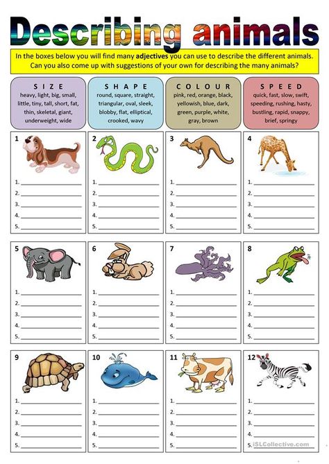 Describing animals (adjectives) - English ESL Worksheets for distance learning and physical classrooms Oppgaver For Barn, Adjective Worksheet, English Exercises, Worksheet For Kids, English Games, English Worksheets For Kids, English Lessons For Kids, English Activities, Esl Teaching