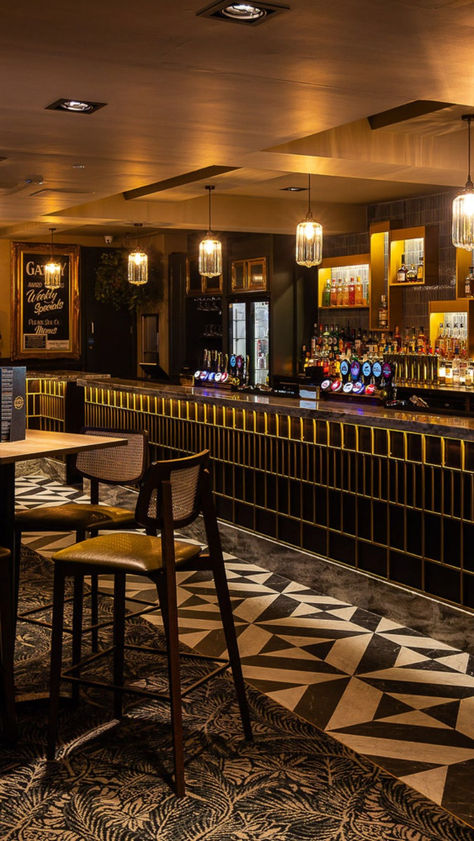 A sophisticated sports bar with art deco interiors inspired by The Great Gatsby with contemporary cane chairs 1920s Bar Decor, 1920s Bar, 1920s Interior Design, Art Deco Elements, Inspired Aesthetic, Bar Interior, The Great Gatsby, Sunderland, Great Gatsby