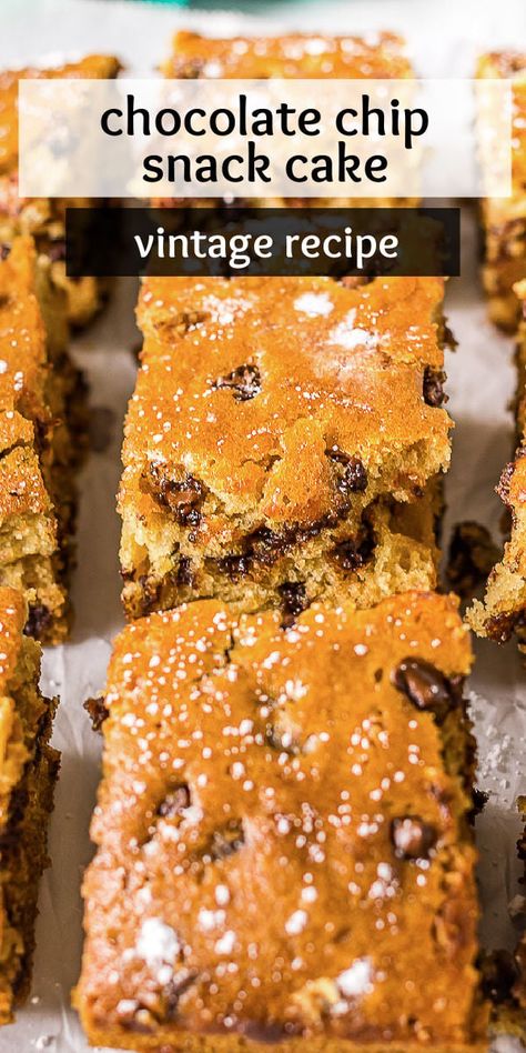 Classic Chocolate Chip Snack Cake is so good and SO EASY. Easy enough for kids to help with and quick enough to make as an after school snack. | www.persnicketyplates.com Cake Without Milk, Chocolate Chip Snack Cake, After Dinner Dessert, Snack Cake Recipe, Chocolate Chip Cake Recipe, Chocolate Snack Cake, After School Snack, Chocolate Chip Cake, Best Sweets