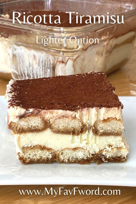 Ricotta tiramisu is a great light and creamy low calorie option to traditional mascarpone tiramisu. This option is definitely different in texture, however, as much or maybe even more divine. This recipe is the same as regular tiramisu recipe, the only difference is the type of cheese that is being used. Some recipes do use whipping cream to make the cake light and some use egg whites. If you care about your calories – egg whites are a better option. #tiramisu #ricottatiramisu #lowcaloriedessert Ricotta Cheese Recipes Dessert, Mascarpone Tiramisu, Ricotta Cheese Desserts, Cheese Dessert Recipes, Ricotta Recipes Dessert, Low Calorie Cheese, Recipe Using Ricotta, Type Of Cheese, Healthy Cream Cheese