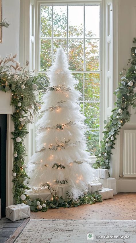 40 Inspiring White Christmas Decorations - The Garden Style White Entry Table, Mantle Decorating Ideas Farmhouse, Feather Christmas Tree, White Faux Fur Throw, White Christmas Decorations, White Table Settings, Kitchen Centerpiece, Christmas Mantle Decor, Outdoor Wreaths