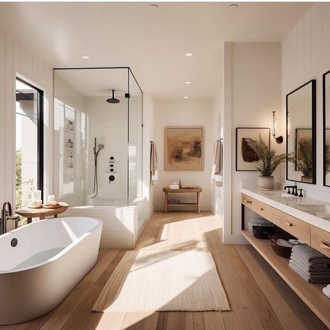 Master Bath With Hardwood Floors, Beautiful Bathrooms Modern Luxury, Modern Warm Bathroom, Resort Style Bathroom, Modern House Ideas, Planning 2024, Large Bathroom Remodel, Drømme Bad, Luxury Minimalism