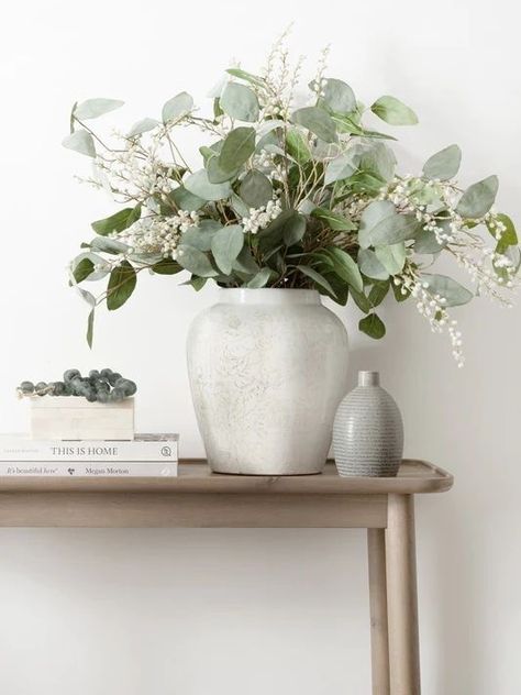 Statement Vase, Dollar Eucalyptus, Terracotta Vase, Hudson Homes, Silver Dollar Eucalyptus, Spring Decoration, Hallway Design, Faux Flower Arrangements, White Vase