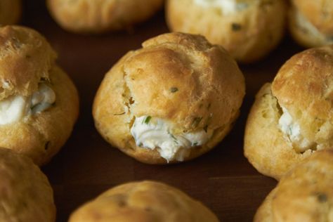 Parmesan-Rosemary Gougères with Goat Cheese Filling | Fine Foods Blog Savory Choux Filling, Appetizer Meals, Recipe With Goat Cheese, French Cheese Puffs, Gougeres Recipe, Choux Dough, Goat Cheese Recipes, Pastry Recipe, French Cheese