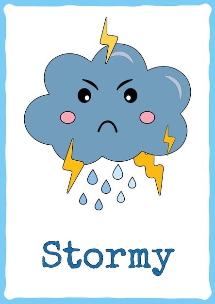 Flashcard for kids with cute weather eve... | Premium Vector #Freepik #vector #temperature #hot-cold #rain-cloud #rainy-cloud Weather Classroom Decorations, Weather Symbols For Kids, Preschool Wall Decoration Ideas, Weather Drawing, Weather Charts, Weather Flashcards, Weather For Kids, Weather Activities Preschool, Cute Weather