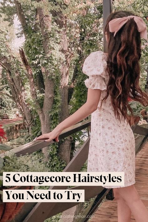 girl cottage core hairstyle half todo with pink bow Cottagecore Hairstyles Medium, Cottagecore Aesthetic Hairstyles, Cottage Core Hair Styles, Cottage Hairstyles, Easy Cottage Core Hairstyles, Cute Cottage Core Hairstyles, Cottagecore Hairstyles Short, Cottagecore Hair Tutorial, Cottagecore Hairstyles Long