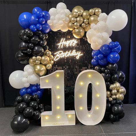 Navy Blue And Black Balloon Garland, Blue Black Silver Balloons, Royal Blue Balloon Garland Backdrop, Black And Blue Balloon Decorations, Black Blue And Gold Balloon Garland, Royal Blue And Black Birthday Decor, Black Gold And Royal Blue Party, Royal Blue Black White And Gold Party, Blue Gold Black Party