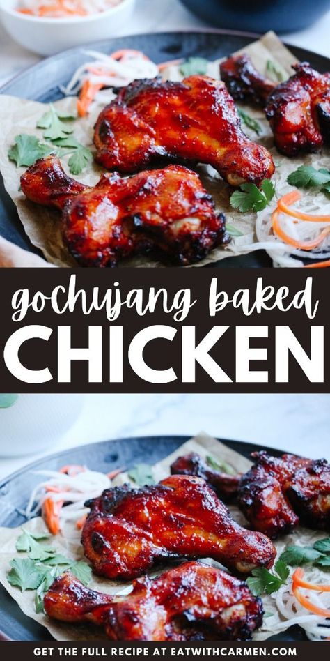 Gochujang Baked Chicken Legs: Spice up your meal with gochujang baked chicken legs, offering a deliciously spicy and savory taste. Split Chicken Legs Recipes, Gochujang Recipe Chicken, Chicken Legs In Oven, Korean Wings, Chicken Legs Recipes, Chicken Leg Quarter Recipes, Casserole Instant Pot, Chicken Legs Recipe, Gochujang Chicken