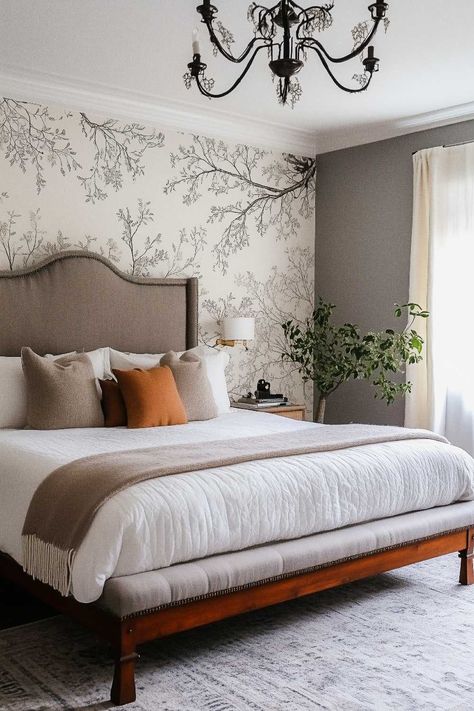 50+ grey accent wallpaper bedroom Window Accent Wall Bedroom, Bedroom With Flower Wallpaper, Rooms With Wallpaper Ideas, Master Bedrooms Decor Feature Wall, Spare Bedroom Wallpaper, Wallpaper For Headboard Wall, Bedroom Inspirations Master Accent Wallpaper, Moody Bedroom With Wallpaper, Wallpaper One Wall Bedroom