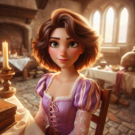 Brown Hair Rapunzel, Rapunzel Short Hair Aesthetic, Rapunzel Short Haircut, Rapunzel With Short Hair, Barbie Short Hair, Brunette Rapunzel, Rapunzel Short Hair, Tangled Cosplay, Short Hair Aesthetic