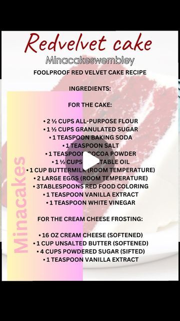 minacakes on Instagram: "This is my personal redvelvet cake recipe(eggs version) i will poste soon the eggless one🫡😘
Instructions:

For the Cake:

	1.	Preheat your oven to 350°F (175°C). Grease and flour two 9-inch round cake pans.
	2.	In a medium bowl, whisk together the flour, sugar, baking soda, salt, and cocoa powder.
	3.	In a large bowl, beat together the oil, buttermilk, eggs, food coloring, vanilla extract, and vinegar until well combined.
	4.	Gradually add the dry ingredients to the wet ingredients, mixing until smooth and well combined.
	5.	Divide the batter evenly between the prepared cake pans.
	6.	Bake for 25-30 minutes, or until a toothpick inserted into the center comes out clean.
	7.	Allow the cakes to cool in the pans for 10 minutes, then remove from the pans and transfer Redvelvet Cake Recipe, Buttermilk Eggs, Redvelvet Cake, Bunny Cakes, Red Velvet Cake Recipe, Raisin Bread, Bunny Cake, Red Food Coloring, Round Cake