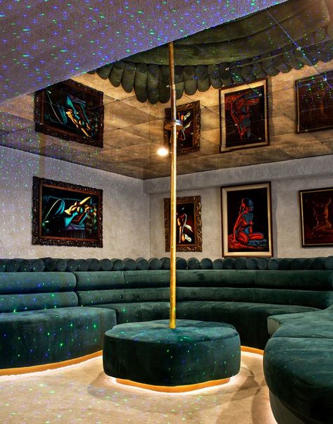 The walls and floor of the pole-dance room are covered in a fabric carpet. Custom sofas and ottoman; artworks from Velvetify. Dance Rooms, Nightclub Design, Poppy Delevingne, Casa Vintage, Hand Painted Tiles, Red Rooms, Strip Club, Los Angeles Homes, Arm Chairs Living Room