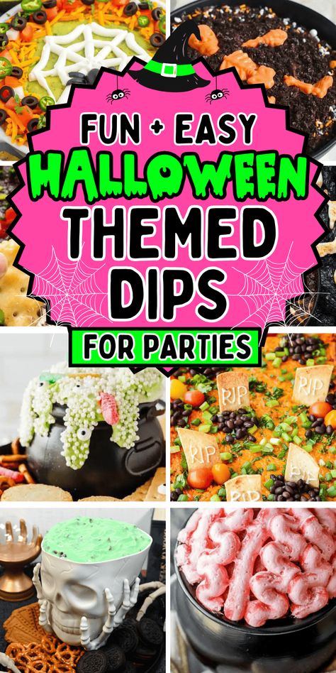 Easy Halloween dips for parties! Fun Halloween themed party dips including savory dip recipes and sweet dessert dips. From gross throw up queso dip and graveyard taco dip to cute halloween dessert dip for kids, you’ll love these easy halloween party appetizers. Cheap potluck ideas for Halloween, easy halloween desserts, halloween crockpot dip, creepy appetizers, adult halloween party food, halloween camping food ideas, simple halloween snacks, halloween charcuterie, spooky dips, movie night ... Easy Halloween Side Dishes, Halloween Party Side Dishes, Cheap Potluck, Easy Halloween Food For Party Simple, Halloween Dips For Parties, Creepy Appetizers, Savory Dip Recipes, Halloween Dessert Dip, Halloween Crockpot Recipes