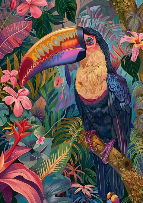 Nature Environment Art, Animals Oil Painting, Jungle Animal Drawings, Flora And Fauna Art, Surfboard Painting, Jungle Painting, Jungle Mural, Animal Illustration Art, Jungle Art