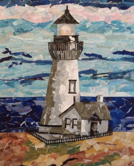 Lighthouse Collage Art, Landscape Collage Ideas, Collage Making Ideas, Lighthouse Collage, Landscape Collage Art, Torn Paper Collage, Newspaper Collage, Classe D'art, Collage Landscape