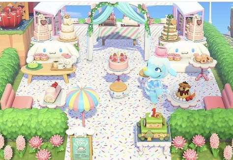 Animal Crossing Boba Tea Shop, Chai Animal Crossing, Acnh Sanrio Cafe, Chai Acnh, Acnh Shopping Area Ideas, Acnh Moodboard, Animal Crossing Bakery, Exterior Animal Crossing, Pastel Kidcore Acnh