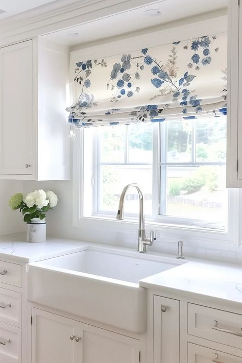 Add color to your boring white kitchen with these easy ideas! Curtains In Kitchen, Kitchen Roman Blinds, Kitchen Blinds Ideas, Cozy Curtains, Kitchen Curtain Ideas, Roman Blinds Kitchen, White Cottage Kitchen, Repainting Cabinets, White Kitchen Curtains