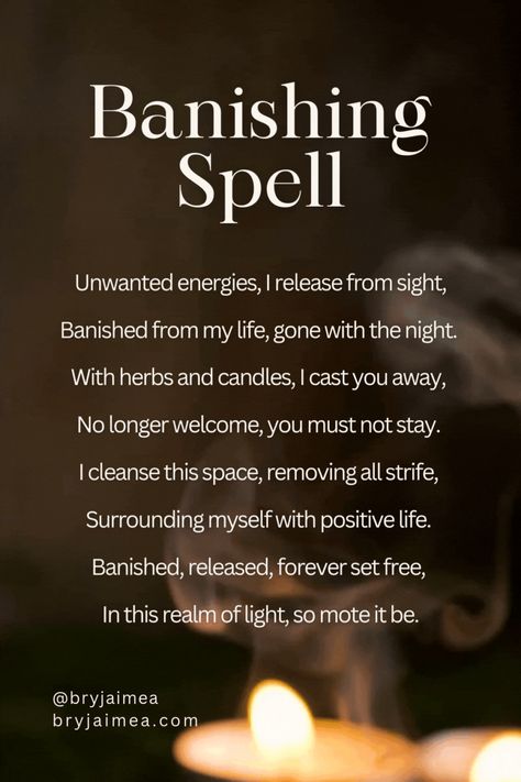 Unleash the power of a Banishing Spell to clear negative energy and unwanted influences from your life. Perfect for seasoned witches and beginners alike, this ritual harnesses the ancient art of witchcraft to protect and purify your space. Learn the step-by-step spell, including essential ingredients and incantations, to reclaim your peace and power. Whether you're a solitary witch or part of a coven, this spell will elevate your spiritual practice. Banishing Incantation, Banishing Spell Chant, Spellwork For Beginners, Spells To Protect Yourself, Spells To Remove Negative Energy, Removing Negative Energy Spell, Black Candle Spells For Protection, Spells To Banish Negative Energy, Protection Spell Ingredients