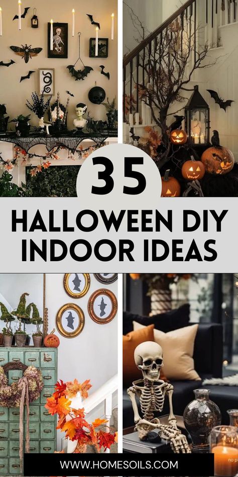 Create a spooky atmosphere with 35 Halloween DIY indoor ideas. From eerie table centerpieces and haunted mirrors to ghostly wall art and glowing pumpkins, these easy-to-make decorations will transform your home into a Halloween wonderland. Get crafty and start your indoor Halloween decor today! Spooky Table Decor Diy, Halloween Bat Decorations Indoor, Indoor Scary Halloween Decor, Potion Table Halloween, Modern Home Halloween Decor, Halloween Decor Themes Indoor, Witch Theme Halloween Decor Indoor, Halloween Countertop Decor, Halloween Decor Indoor Diy