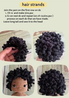 NORA crochet pattern How To Crochet Hair For Amigurumi Dolls, Curly Hair Crochet Doll, Crochet Doll Hair Pattern, Crochet Hair For Dolls, How To Crochet Hair, Amigurumi Hair Tutorial, Heklane Igracke, Crochet Doll Hair, Amigurumi Hair