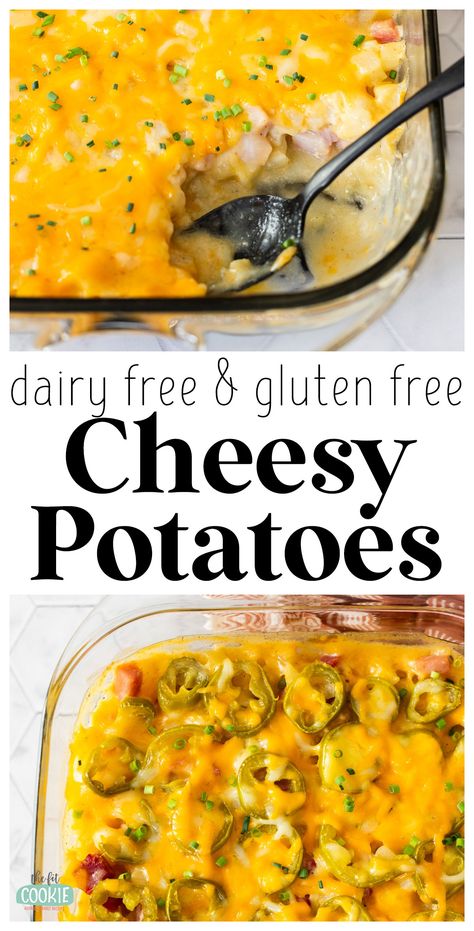 Cheesy potatoes (aka funeral potatoes) are one of the ultimate comfort foods, and we have a recipe that's dairy free! Our version is also gluten free and still incredibly delicious (we included a vegan option as well!). | thefitcookie.com Dairy Free Cheesy Potatoes, Gluten Free Funeral Potatoes, Gluten Free Cheesy Potatoes, Dairy Free Heavy Cream, Funeral Potatoes Recipe, Gluten Free Casserole, Funeral Potatoes, Cheese Dinner, Cheesy Potato Casserole