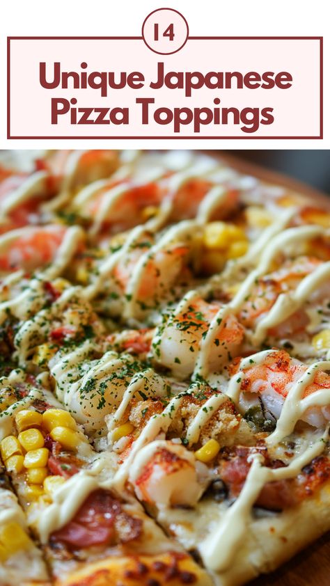 A close-up of a freshly baked pizza topped with unique Japanese ingredients like seafood, corn, and mayonnaise, highlighting the creative fusion of flavors. Unique Pizza Ideas, Veggie Combinations, Unique Pizza Toppings, Asian Pizza, Japanese Pizza, Pizza Toppings Combinations, Seafood Pizza, Unique Pizza, Artisan Pizza