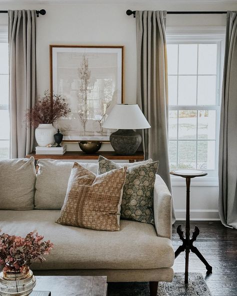 A M A N D A C O A K L E Y on Instagram: “Morning light coming in and green grass and a budding willow tree within view of the living room. #livingroom #livingroomdecor…” Sage Chairs Living Room, Mossy Green Living Room, Earthy Traditional Living Room, Sage Living Rooms, Green Accent Color Living Room, Greige And Green Living Room, Neutral Vintage Living Room, Traditional Vintage Living Room, Living Room Decor Cozy Vintage