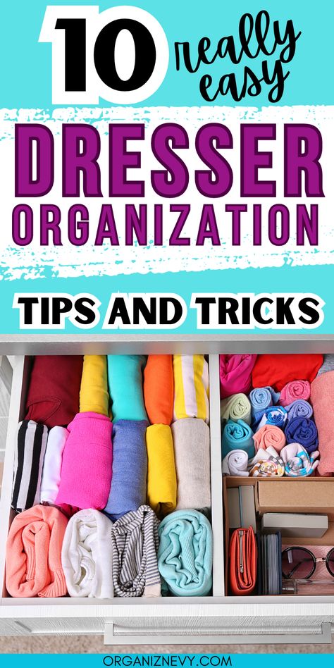 10 easy dresser organization tips and tricks Organize Clothes By Color, Organized Drawers Clothes, Organizing Hacks Dollar Stores, Dresser Top Organization Ideas, Dresser Top Organization, Bedroom Drawer Organizer, Diy Drawer Organizer, Easy House Cleaning, Clothes Drawer Organization