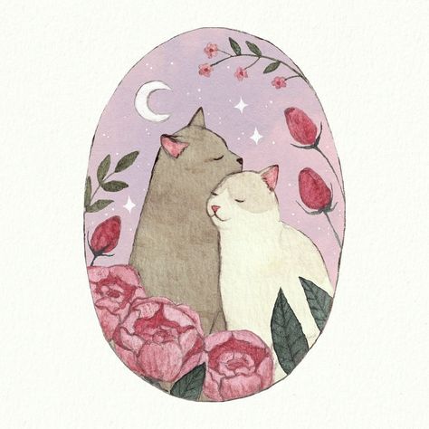 Instagram Cat Couple Painting, Two Cats In Love, Hello February, Aesthetic Cat, Two Cats, Cat Art Print, Love Illustration, Have A Beautiful Day, Hand Art