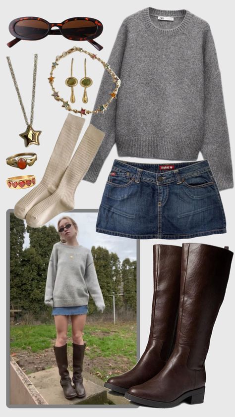 fall outfit with tall brown boots, gold jewelry, grey sweater, gold jewelry, & denim skirt Tall Brown Boots Outfit, Fall Boots Outfit, Skirt Outfits Fall, Tall Brown Boots, Denim Skirt Outfits, Downtown Outfits, Autumn Outfit, Outfit Inspo Fall, Mode Vintage