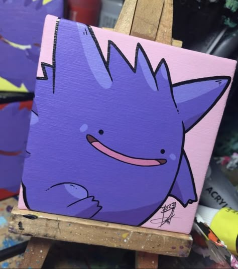 Pokemon Art Canvas, Posca Art On Canvas, Cute Gengar Art, Pokemon Easy Painting, Simple Pop Art Painting, Doodle Canvas Paintings, Gengar Painting Canvas, Adventure Time Painting Ideas, Pokemon Gengar Art