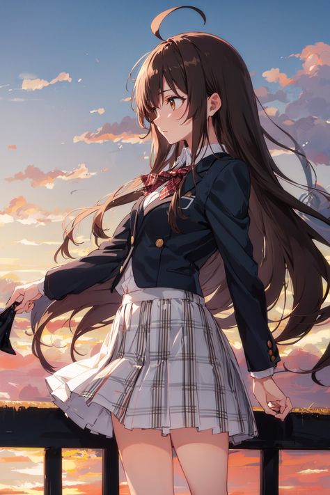 1girl, solo, hips, skirt, long hair, brown hair, brown eyes, white shirt, gray vest, plaid skirt, sunset, plaid, cloud, outdoors, blazer, pleated skirt, long sleeves, standing, red skirt, cloudy sky, closed mouth, ahoge, profile, side, horimiya, hori Brown Hair Anime Characters, Long Hair Brown, Kyouko Hori, Pleated Skirt Long, Anime Brown Hair, Anime Skirts, Pelo Cafe, Gray Vest, Anime Demon Boy