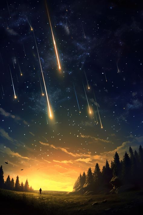 Night Sky Fantasy Art, Fantasy Sky Painting, Night Sky Drawing Digital, Woods At Night Painting, Night Sky Reference, Shooting Stars Drawing, Forest At Night Painting, Night Background Drawing, Star Sky Drawing