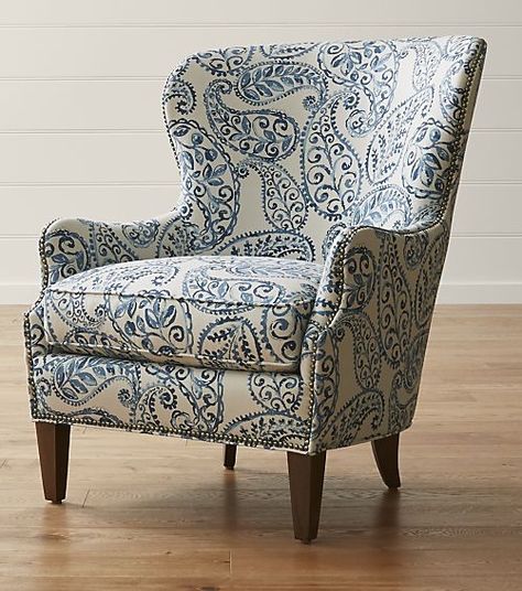 An overscaled paisley print makes the Brielle wing chair an instant statement piece for the living room. Comfortable and conversation-worthy, this updated, classic wingback chair is outlined by hand-applied, platinum-finished nailheads that trace every curve. Paisley Interior Design, Paisley Print Sofa, Paisley Chair, Wingback Chairs, Reupholster Chair, Wingback Armchair, Old Chairs, White Chair, Elegant Living Room