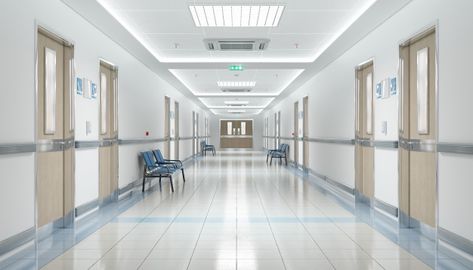 Long hospital corridor with empty seats ... | Premium Photo #Freepik #photo #building #hospital #clinic #empty Anime Hospital, Hospital Hallway, Modern Hospital, Hallway Corridor, Episode Interactive Backgrounds, Anime Places, Episode Backgrounds, Hospital Interior, Hospital Room