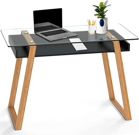 AmazonSmile: bonVIVO Massimo Small Desk - Modern Work Table with Glass Top for Bedroom and Office Spaces - Black : Home & Kitchen Small Glass Desk, Black Glass Desk, Modern Small Desk, Ikea Computer Desk, Desk For Small Spaces, Black Desk Office, Black Computer Desk, Small Spaces Living Room, Small Computer Desk