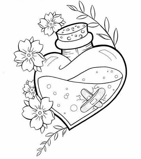 Coloring Pages Aesthetic Halloween, Valentines Colouring Pages, Colouring Pages For Adults Easy, Vial Tattoo, Coloring Pages For Adults Aesthetic, Mystical Drawings, Bottle Drawing, Tattoo Stencil Outline, Cute Coloring Pages