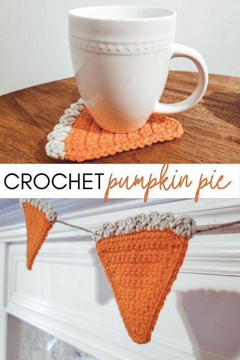 Thanksgiving Crochet - Crochet Pumpkin Pie Garland - Heather Corinne Crochet Pie Slice Free Pattern, Crochet Pie Slice, Pumpkin Pie Garland, Crochet Pumpkin Pie, Pie Garland, Thanksgiving Crochet Patterns, Fall Crochet Projects, Crochet Fall Decor, Thanksgiving Crochet