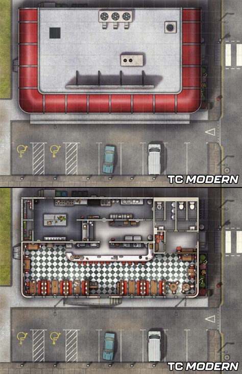 Click the link to download & find out more. #tomcartos #modern #tcmodern #battlemap #map #ttrpg #dnd #rpg #pathfinder #dungeons #dragons #5e #d&d #free #retro #diner #cafe #restaurant Modern Diner, D20 Modern, Modern Warehouse, Map Sketch, Modern Coffee Shop, Fantasy City Map, Fantasy Map Making, Call Of Cthulhu Rpg, Dragons 5e