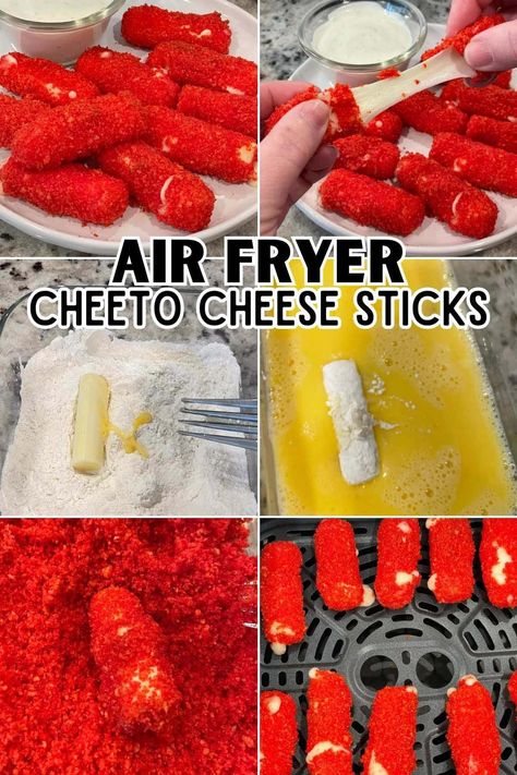 Hot Cheeto Cheese Sticks are crispy and crunchy on the outside with ooey, gooey mozzarella in the middle, this fun finger food is the perfect party snack, tailgate treat, appetizer, or game-day starter. #hotcheetos #cheetos #snack #spicy Air Fryer Hot Cheeto Mozzarella Sticks, Mozzarella Dinner Ideas, Recipes With Mozzarella Sticks, Hot Honey Mozzarella Sticks, Homemade Mozzerella Stick Recipe Air Fryer, Hot Cheeto Cheese Sticks, Recipes With Cheese Sticks, Hot Cheetos And Takis Snacks, Air Fryer Twinkies