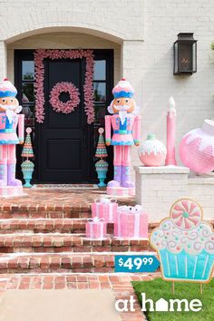 No matter where you live, make your yard a winter wonderland and be the talk of the block. Find holiday garland, wreaths, yard stakes, porch décor and oversized statement pieces. Shop outdoor Christmas décor at The Home & Holiday Superstore, At Home. Pastel Christmas Wrapping, Candy Land Nutcracker, Glitterville Christmas Tree, Candy Christmas Decorations Outdoor, Candyland Christmas Ideas, Outdoor House Christmas Decorations, Pink Christmas Outdoor, Pastel Gingerbread Christmas Decor, Christmas Gingerbread House Decorations