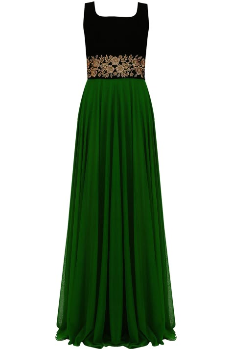 Emerald green and black floral embroidered flared gown available only at Pernia's Pop Up Shop. Shadi Outfits, Bridal Anarkali, Frocks And Gowns, Kurtis Design, Indian Kurti, Salwar Designs, Indian Party Wear, Long Gown Dress, Long Dress Design