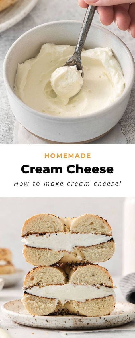 Making homemade cream cheese is easier than you think! Follow our step-by-step how to make cream cheese tutorial and enjoy your own cream cheese in no time at all. Homemade American Cheese, Homemade Parmesan Cheese, What Can I Make With Heavy Cream, Uses For Heavy Cream, Homemade Cheese Spread, Chive Cream Cheese Recipes, How To Make Goat Cheese, How To Make Cream Cheese, Homemade Farmers Cheese