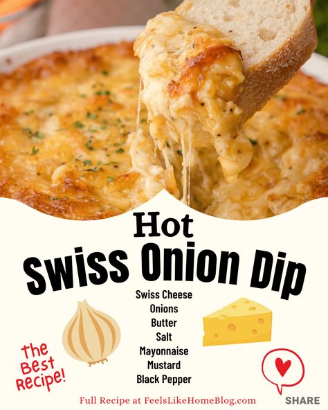 Hot Onion Dip With Swiss Cheese, Swiss Onion Dip, French Onion Cheese Dip, Hot Swiss Cheese Dip, Uses For Swiss Cheese, Diced Onion Recipes, Onion Swiss Cheese Dip, Warm Onion Dip Recipe, Deans French Onion Dip Recipe