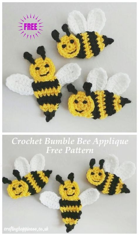 Crochet Bumble Bee Applique Free Crochet Pattern Crochet Bee Applique, Crochet Honeycomb, Bee Applique, Crochet Applique Patterns Free, Crochet Bee, Crochet Butterfly, Applique Pattern, Crochet Heart, Crochet Stuff