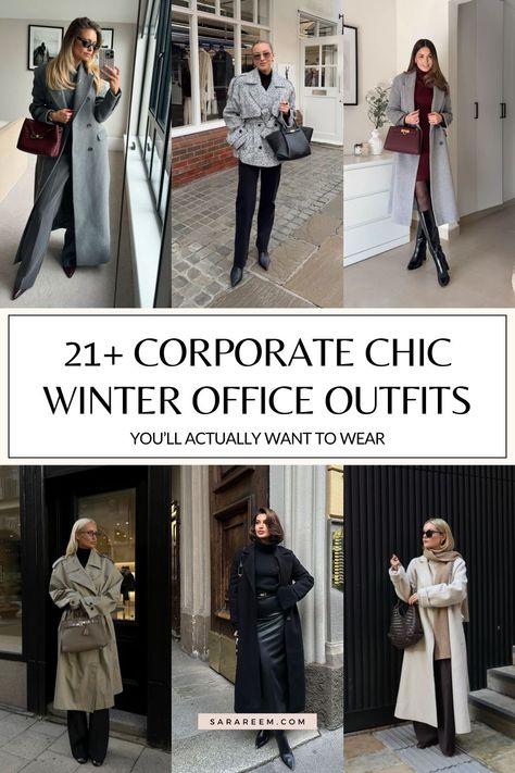 Looking for stylish winter office outfit ideas for 2024? Whether you're dressing corporate, business casual, or smart and chic, we've got you covered with cozy and polished looks to keep you warm all season long. From tailored coats to layered turtlenecks and timeless trousers, these 2024 winter outfit ideas are perfect for creating a professional yet fashionable wardrobe. Get inspired and elevate your cold-weather office style with these must-try outfit combinations! Nyc Winter Work Outfits For Women, Womens Professional Outfits Winter, Blazer Outfit Winter Women, Professional Meeting Outfit, Work Outfit Winter Cold Weather, Winter Business Dress, Stylish Work Outfits Winter Office Style, Work Outfit Color Palette, Riding Boots Work Outfit