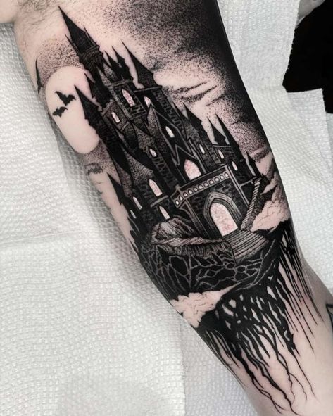 Gothic Black And Grey Tattoos, Gothic Mansion Tattoo, Graveyard Scene Tattoo, Floating Castle Tattoo, Vampire Castle Tattoo, Medieval Castle Tattoo, Draculas Castle Tattoo, Haunted Castle Tattoo, Transylvania Tattoo